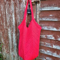 Handmade cotton crochet tote bag - red, shopping bag, woven bag