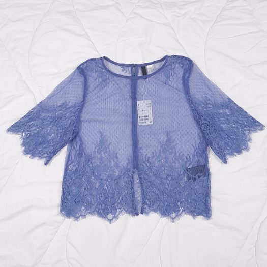 H&M Blue Sheer Floral Lace Boxy Blouse Top 8UK/36EU