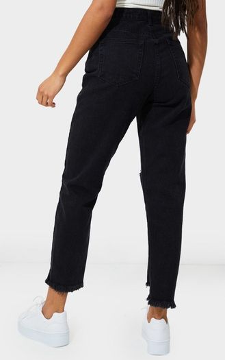 BNWT PrettyLittleThing Washed Black Distressed Hem Knee Rip Slim Mom Jeans size UK16 EU44 Postage included