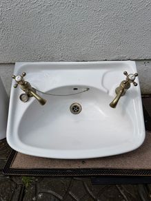 Vintage White Ceramic Sink with Antique Brass Waterford Ireland Taps