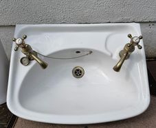 Vintage White Ceramic Sink with Antique Brass Waterford Ireland Taps
