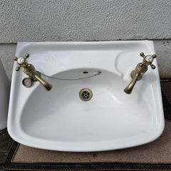 Vintage White Ceramic Sink with Antique Brass Waterford Ireland Taps
