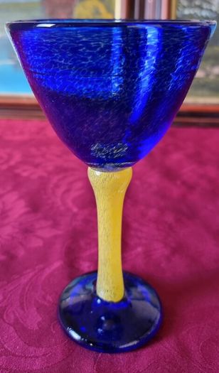 Murano Style Cobalt Blue And Yellow Glass Stemmed Goblet