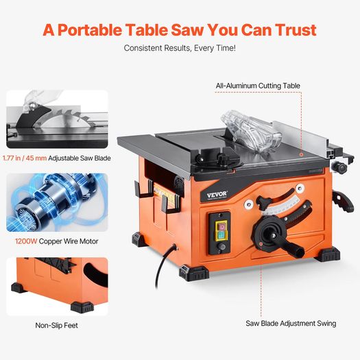 Table Saw for Jobsite, 210 mm, 1200W Portable Compact Tablesaw, 225mm Max Rip Capacity, 4800RPM Cutting Speed, with 24 Teeth Saw Blade