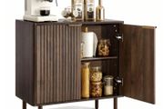 Coffee Bar Cabinet, Mid Century Fluted Coffee Bar Table with 2-Tier Storage, Buffet Stand Cabinet with Barn Door, Sideboard Buffet Station for Living Room, Entryway, 80 x 37.5 x 80 cm Walnut