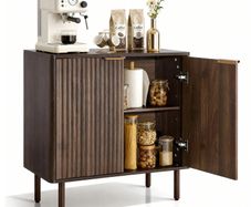 Coffee Bar Cabinet, Mid Century Fluted Coffee Bar Table with 2-Tier Storage, Buffet Stand Cabinet with Barn Door, Sideboard Buffet Station for Living Room, Entryway, 80 x 37.5 x 80 cm Walnut