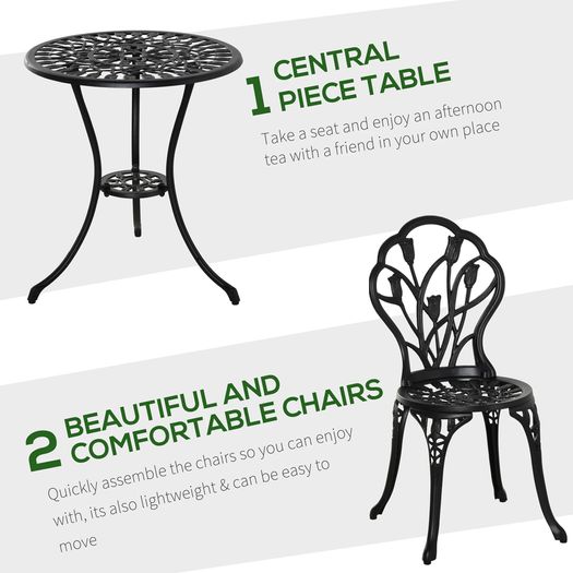 3PCs Garden Table Set Bistro Set Round Table with Umbrella Hole and 2 Chairs for Outdoor Indoor Patio Balcony Aluminium