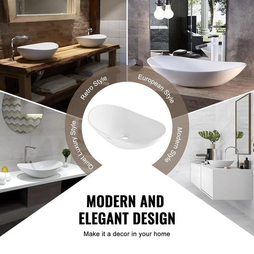 White Oval Ceramic Vessel Sink, 23.3 x 14.2 Inch Modern Countertop Bathroom Basin