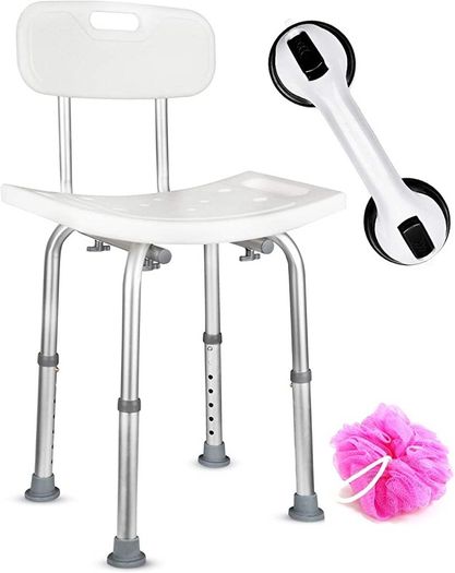 Shower Chair Seat with Back (Adjustable) - Anti-Slip Bench Bathtub Stool for Elderly or Seniors (Bathroom Safety) - with Free Suction Assist Grab Bar (FREE SHIPPING)