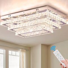 Modern Crystal LED Ceiling Light FIxtures 20 Dimmable Rectangular Flush Mount Chandelier Ceiling Lights 3-Tiers Stainless Steel Ceiling Lamp Fixtures for Living Room Bedroom Dining Room