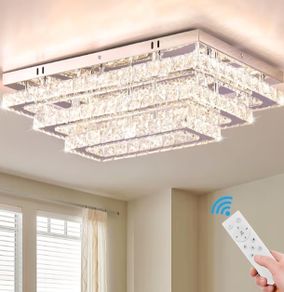 Modern Crystal LED Ceiling Light FIxtures 20 Dimmable Rectangular Flush Mount Chandelier Ceiling Lights 3-Tiers Stainless Steel Ceiling Lamp Fixtures for Living Room Bedroom Dining Room