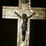 Antique Gold Spelter Christ on Cream Art Deco Pearlised Crucifix 14" x 7" Image 2