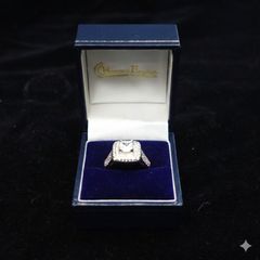 Sterling silver 925 halo engagement ring with square cubic zirconia and side stones