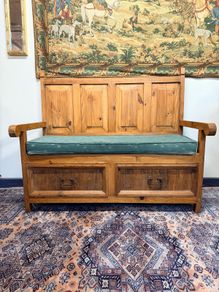 Vintage Mexican Pine High Back Bench with Storage