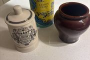 3 Pieces of Fortnum and Mason - Vintage Treacle Glazed Mustard Crock, Potted Stilton Cheese Pot with lid 200 gr and Lemon Curd Yellow Round Biscuit Tin