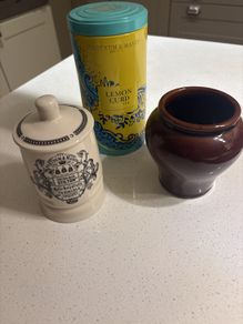 3 Pieces of Fortnum and Mason - Vintage Treacle Glazed Mustard Crock, Potted Stilton Cheese Pot with lid 200 gr and Lemon Curd Yellow Round Biscuit Tin