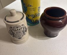 3 Pieces of Fortnum and Mason - Vintage Treacle Glazed Mustard Crock, Potted Stilton Cheese Pot with lid 200 gr and Lemon Curd Yellow Round Biscuit Tin