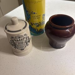 3 Pieces of Fortnum and Mason - Vintage Treacle Glazed Mustard Crock, Potted Stilton Cheese Pot with lid 200 gr and Lemon Curd Yellow Round Biscuit Tin