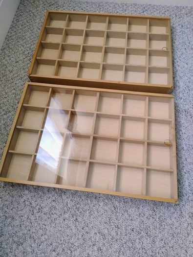 Storage display wooden shadow boxes x 2 with toughened glass sliding top adjustable compartments each has  24 sections and each one is 56cm x 38cm x 5.5cm solid wood great for display storage retail crafting jewellery hobbies Collection in Kinsale area