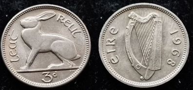 [#973] - Ireland 1968 | 3 Pence | Irish 3d | Hare | KM.12a | MS