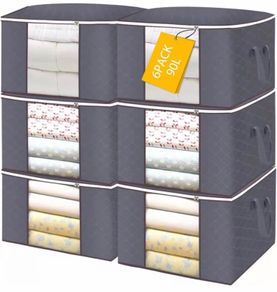 6Pack 90L Large Capacity Clothes Storage Bags Solution Organizer for Clothes, Duvets, Comforters, Blankets