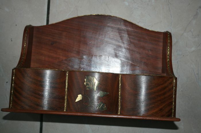 Vintage Letter Holder Handmade Wooden Paper Rack with Moorish Brass Inlays Office Desk Organiser 10,4" x 4" H-7"