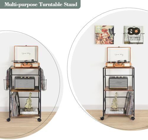 Rolling Record Player Stand with Vinyl Storage for 150 Albums Turntable Side Table Cart with 2 Display Shelves