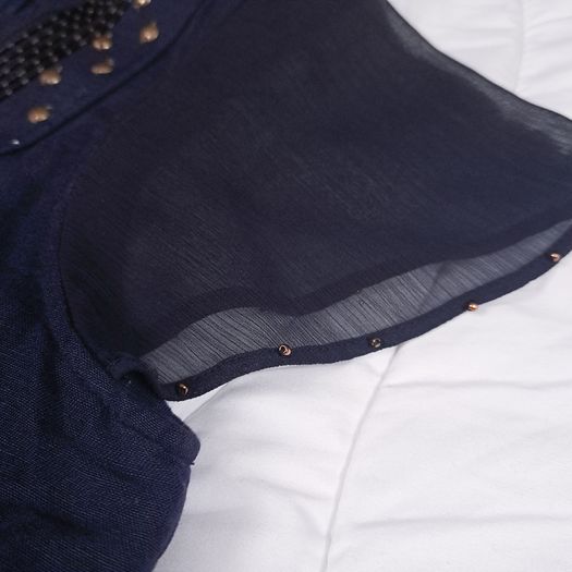 Per Una Navy Blue Linen Embellished Scoop Neck Chiffon Flutter Sleeve Midi Dress 14UK/42EU