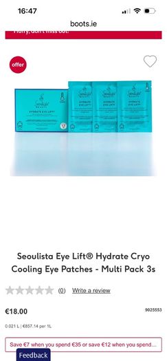 Seoulista Hydrate Eye Lift Cryo Cooling Eye Patches 3 Pack