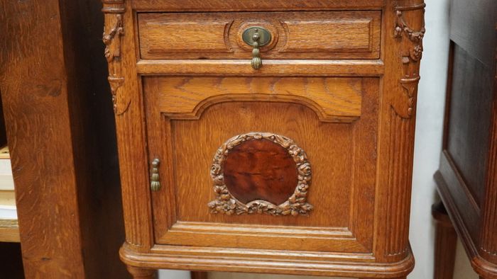Pair of Antique French Oak Marble-Top Bedside Cabinets