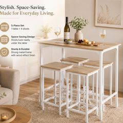 Bar Table Set with 4 Stools White Natural