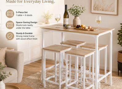 Bar Table Set with 4 Stools White Natural