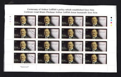 2005 Ireland Centenary of Arthur Griffith's Essays (which established Sinn Fein) Commemorative Stamp Sheetlet Plate 1B1B1B1B Fine CDS Used with Dublin cancel of 21st November 2005 (Frist day of issued) on envelope extract.