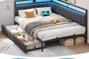 Sofa Bed with 2 Drawers and USB Charging Station with LED Lighting and Metal Slatted Frame 140 x 200 cm