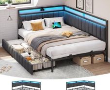 Sofa Bed with 2 Drawers and USB Charging Station with LED Lighting and Metal Slatted Frame 140 x 200 cm