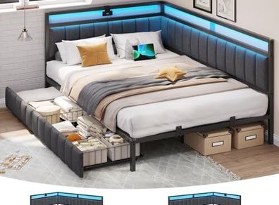 Sofa Bed with 2 Drawers and USB Charging Station with LED Lighting and Metal Slatted Frame 140 x 200 cm