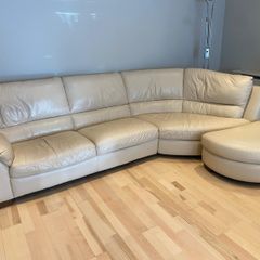 Cream Leather Corner Sofa, Recliner Armchair and Footstool