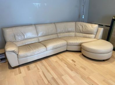 Cream Leather Corner Sofa, Recliner Armchair and Footstool