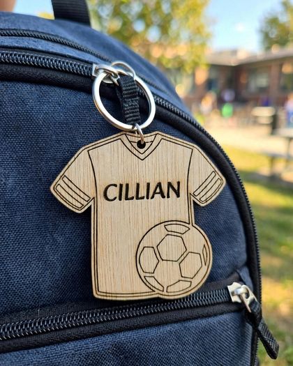 Personalised Football Shirt Keyring - Wooden Name Tag - Bag Tag - Football Gift for Boys or Girls