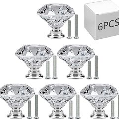 6 PCS Cabinet Knobs with 2 Sizes Screws, 30mm Drawer Handles Crystal Glass Diamond Shaped cupboards Door Knobs for Dresser Drawers and Kitchen, Bathroom Cabinet, Office (FREE POSTAGE)