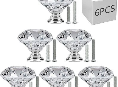 6 PCS Cabinet Knobs with 2 Sizes Screws, 30mm Drawer Handles Crystal Glass Diamond Shaped cupboards Door Knobs for Dresser Drawers and Kitchen, Bathroom Cabinet, Office (FREE POSTAGE)