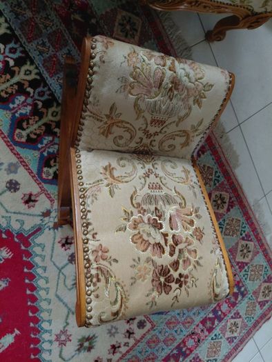 Vintage Louis XV style Chair and rocking footstool beautiful upholstery wood carved framed