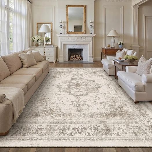 Vintage Beige Rugs Living Room Washable Non Slip Large Area Rug 240x300cm Bedroom Kitchen Hall Lounge Office Dining Room Indoor Carpet Low Pile Big Carpets