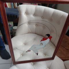 Vintage 80s retro mirror Pierrot clown sitting on moon illustration