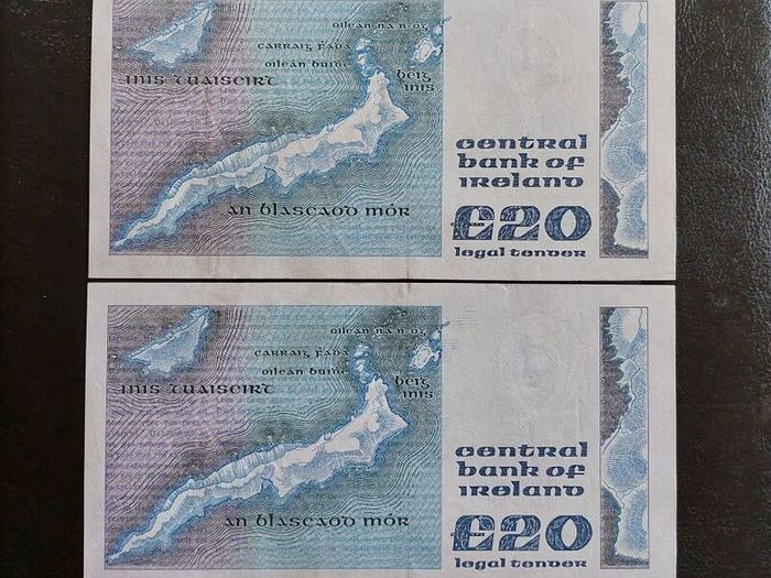 1991 Central Bank of Ireland 20 Pound Notes in Sequence