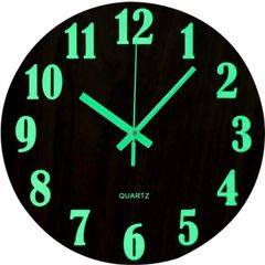 12 Inch Luminous Wall Clock Silent Wooden Design Night Lights Round Wall Clock for Living Room and Bedroom (Battery Not Included) - Brown