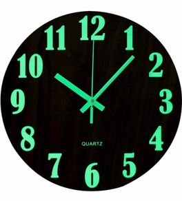 12 Inch Luminous Wall Clock Silent Wooden Design Night Lights Round Wall Clock for Living Room and Bedroom (Battery Not Included) - Brown