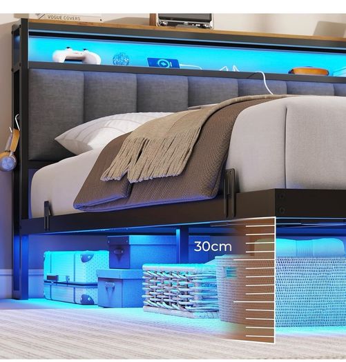 Double Bed Frame 135x190 cm with Floating Visual Effect, 4ft6 Metal Bed Frame with Adjustable LED Lighting and Charging Station, Double Bed with Headboard, Dark Grey (Mattress Not Included)