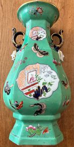 Antique Chinoiserie Hexagonal Baluster Vase
