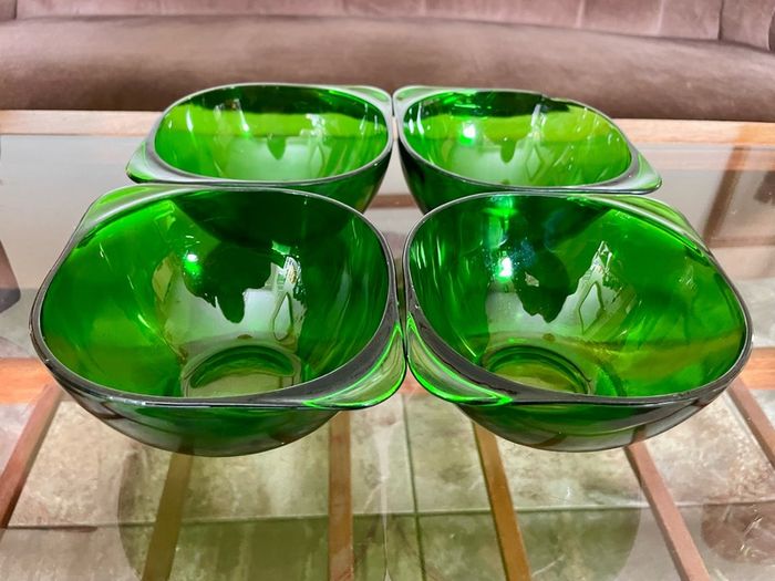 4 Stylish Vintage Vereco France Forest Green Clear Bowls with Tab Handles 1960 70s